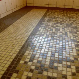 Ukończona podłoga wyłożona mozaiką z małych, kwadratowych płytek w odcieniach beżu, brązu i szarości, z widocznymi fugami w kolorze brązowym, oraz fragment ściany wyłożonej beżowymi, prostokątnymi...