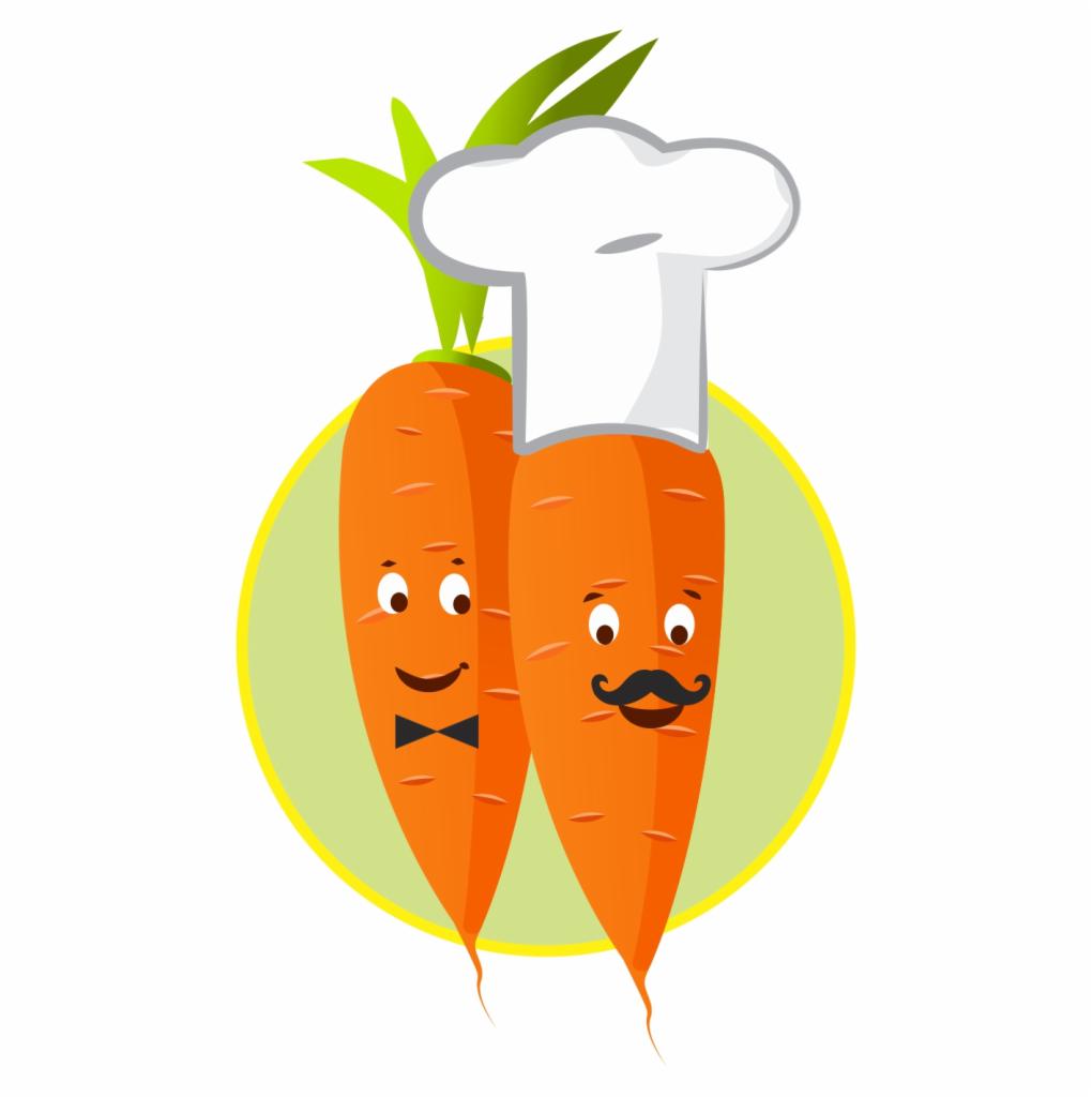Dwie marchewki w stylu kreskówkowym: jedna z muchą, druga z wąsami, obie z oczami i uśmiechem, z zielonymi liśćmi i czapką kucharską na tle zielonego okręgu.