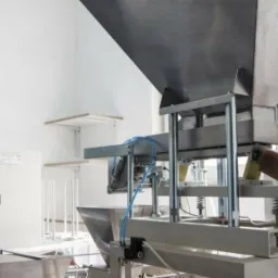 Automatyczna linia do pakowania z metalowym zbiornikiem i elementami pneumatycznymi, widoczna szafa sterownicza w tle.