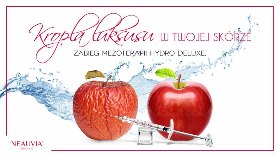 Grafika reklamowa zabiegu mezoterapii: igła wbita w pomarszczone jabłko symbolizujące starą skórę, obok świeże jabłko, w tle rozpryskująca się woda.