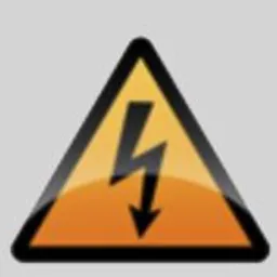 Pomarańczowy znak ostrzegawczy w kształcie trójkąta z czarną obwódką, przedstawiający czarny symbol błyskawicy skierowanej w dół, na szarym tle.