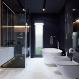 Nowoczesna łazienka z marmurowymi akcentami, podświetlaną kabiną prysznicową i wolnostojącą wanną na tle okna.