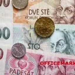 Różnorodne czeskie banknoty i monety ułożone na płasko, widoczne nominały 200, 100, 50 koron, z elementami portretów i herbów, częściowo zakryte przez monety.