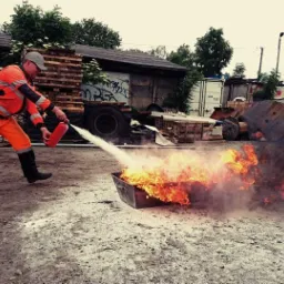 Mężczyzna w pomarańczowym kombinezonie gasi ogień w metalowej skrzyni za pomocą gaśnicy, na ziemi rozsypany biały proszek, w tle budynki i składowisko materiałów.