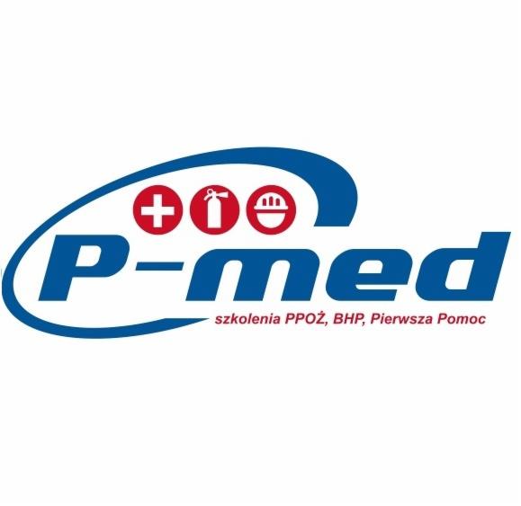 Logo firmy P-med z Siemianowic Śląskich, oferującej szkolenia PPOŻ, BHP i pierwszą pomoc. W logo widoczny stylizowany znak plusa, gaśnica i kask.