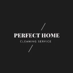 Logo firmy sprzątającej Perfect Home Cleaning Service na ciemnoszarym tle z minimalistycznymi ukośnymi liniami.