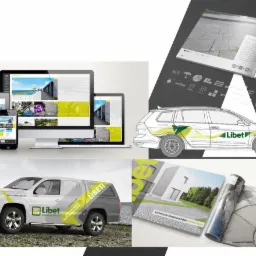 Kompozycja graficzna prezentująca projekty dla LIBET S.A.: responsywna strona internetowa na różnych urządzeniach, wizualizacja oklejenia samochodu firmowego oraz katalog produktów 2014/2015.