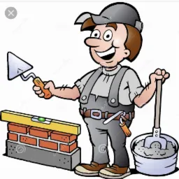 Karykatura murarza w roboczym stroju, z kielnią i poziomnicą obok cegieł, oraz wiadrem z zaprawą. Uśmiechnięta postać w trakcie pracy.