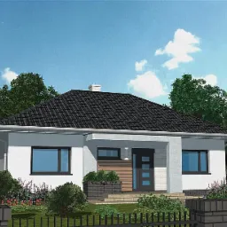 Wizualizacja parterowego domu jednorodzinnego z ciemną dachówką i jasną elewacją, otoczonego zielenią i ogrodzeniem z cegły klinkierowej.