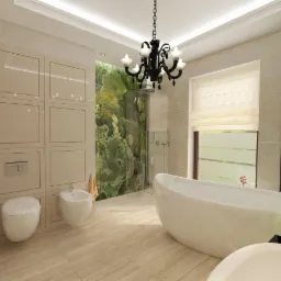 Elegancka łazienka z kabiną prysznicową wykończoną zielonym onyksem, wolnostojąca wanna, biała armatura i czarny żyrandol.