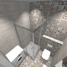 Wizualizacja łazienki z kabiną prysznicową, pralką i toaletą, wykończona płytkami w dwóch wzorach: szarymi oraz dekoracyjnymi w stylu patchwork, widok z góry.