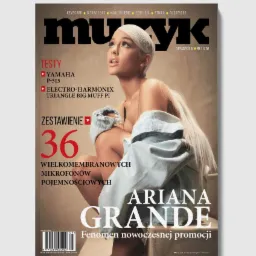 Okładka magazynu muzycznego z wizerunkiem Ariany Grande, zawierająca informacje o testach sprzętu Yamaha i Electro-Harmonix oraz zestawieniu mikrofonów pojemnościowych.