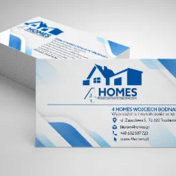 Stos wizytówek firmy 4 Homes z logo w kształcie domu, prezentujących ofertę wyposażenia i wykończenia wnętrz, z danymi kontaktowymi.