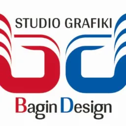 Logo firmy Studio Grafiki Bagin Design z czerwono-niebieskim motywem graficznym.