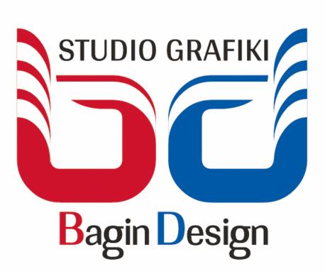Logo firmy Studio Grafiki Bagin Design z czerwono-niebieskim motywem graficznym.