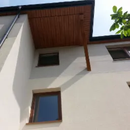 Jasna elewacja budynku z drewnianym podbitką i rynną, widok z dołu, z fragmentem zieleni w prawym górnym rogu.