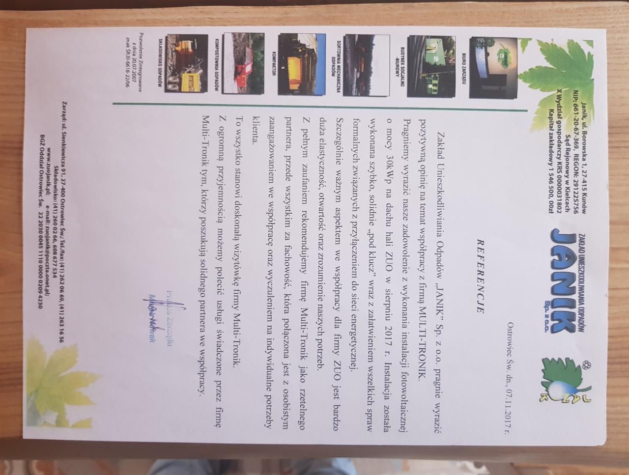 Skan referencji od Zakładu Unieszkodliwiania Odpadów Janik dla firmy Multi-Tronik, potwierdzający wykonanie instalacji fotowoltaicznej o mocy 30kWp na dachu hali ZUO w sierpniu 2017 roku.