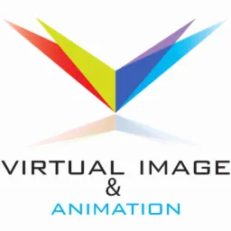 Abstrakcyjne logo z kolorowych trójkątów tworzących kształt litery V, z odbiciem i napisem 'Virtual Image & Animation' poniżej.