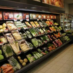 Półka chłodnicza w supermarkecie wypełniona różnorodnymi świeżymi warzywami, w tym kapustą, marchwią, szparagami i innymi, z widocznymi cenami na etykietach.