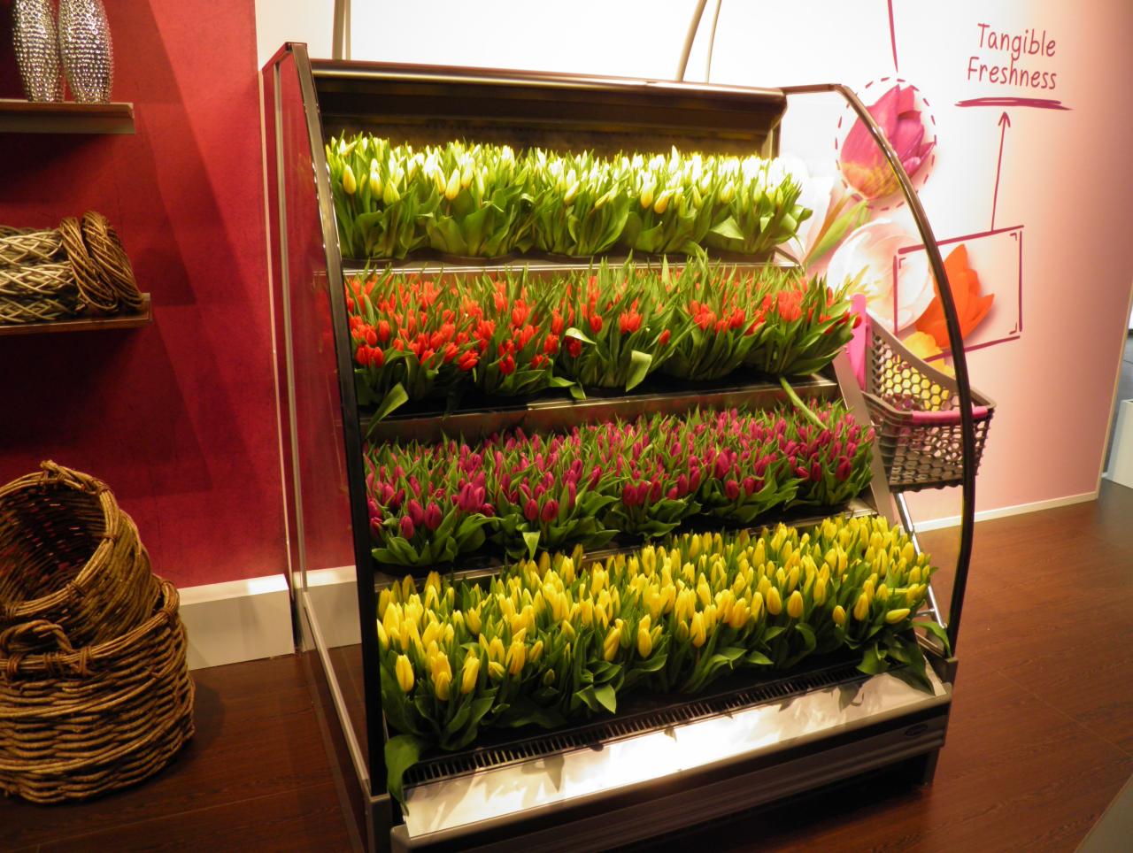 Chłodziarka sklepowa z rzędami tulipanów w kolorach białym, czerwonym, różowym i żółtym, obok koszy wiklinowych i ściany z napisem 'Tangible Freshness'.