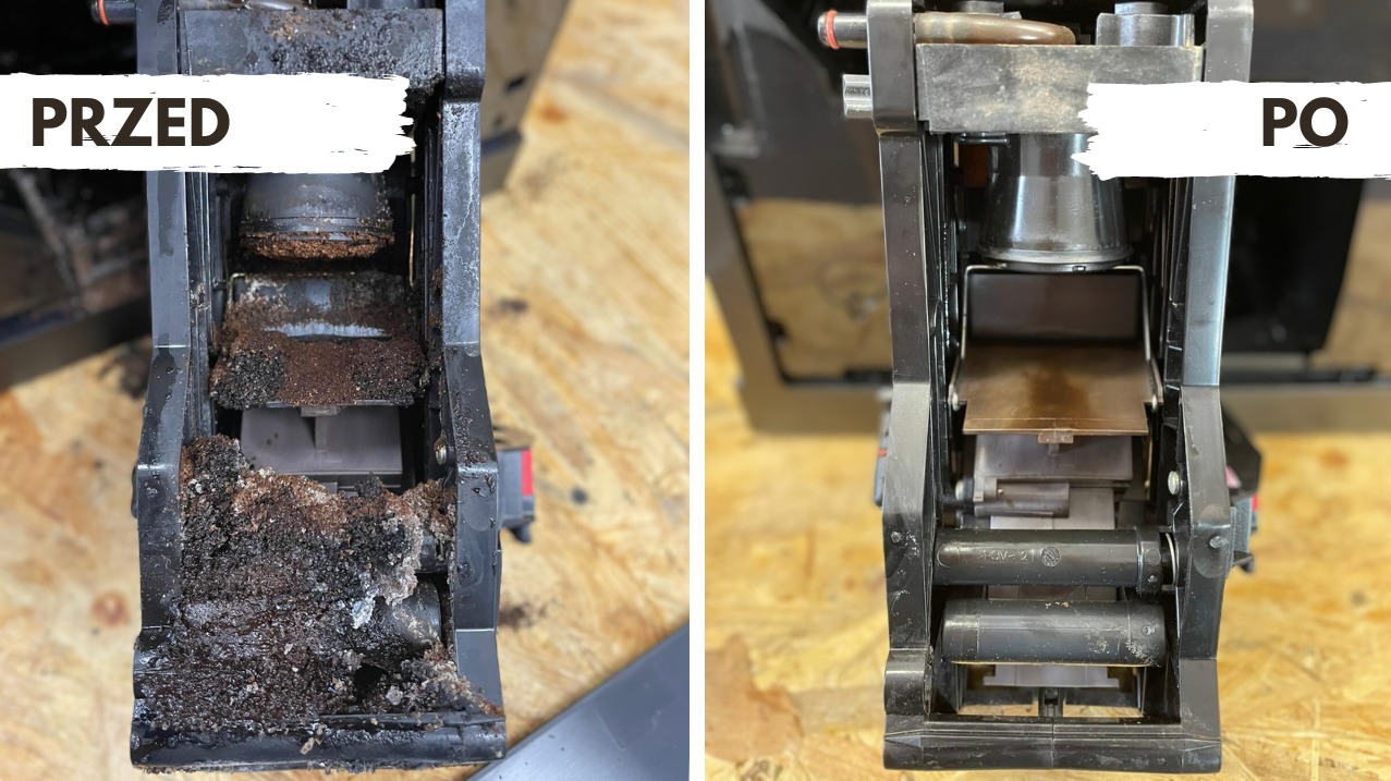 Jednostka zaparzająca ekspresu do kawy: po lewej stronie widoczny silny stopień zabrudzenia resztkami kawy przed czyszczeniem, po prawej stronie element po serwisie, wyczyszczony i gotowy do użytku.