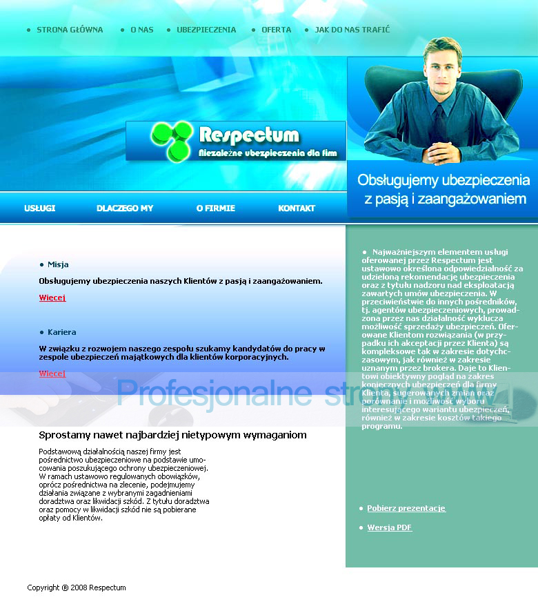 Strona internetowa firmy ubezpieczeniowej Respectum z widocznym logo, menu nawigacyjnym, zdjęciem uśmiechniętego mężczyzny w garniturze i informacjami o misji i ofercie firmy.