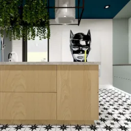 Wizualizacja kuchni z drewnianymi frontami szafek, blatem z szarego kamienia, podłogą w czarno-białe gwiazdy i dekoracjami w postaci obrazów z motywami popkulturowymi oraz wiszącą roślinnością.