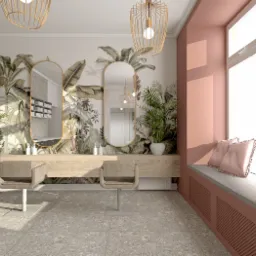 Wizualizacja wnętrza salonu kosmetycznego z motywem tropikalnym: lustra w złotych ramach na tle ściany z roślinnym wzorem, stanowiska z drewnianymi blatami i szarymi krzesłami, dekoracyjne lampy...