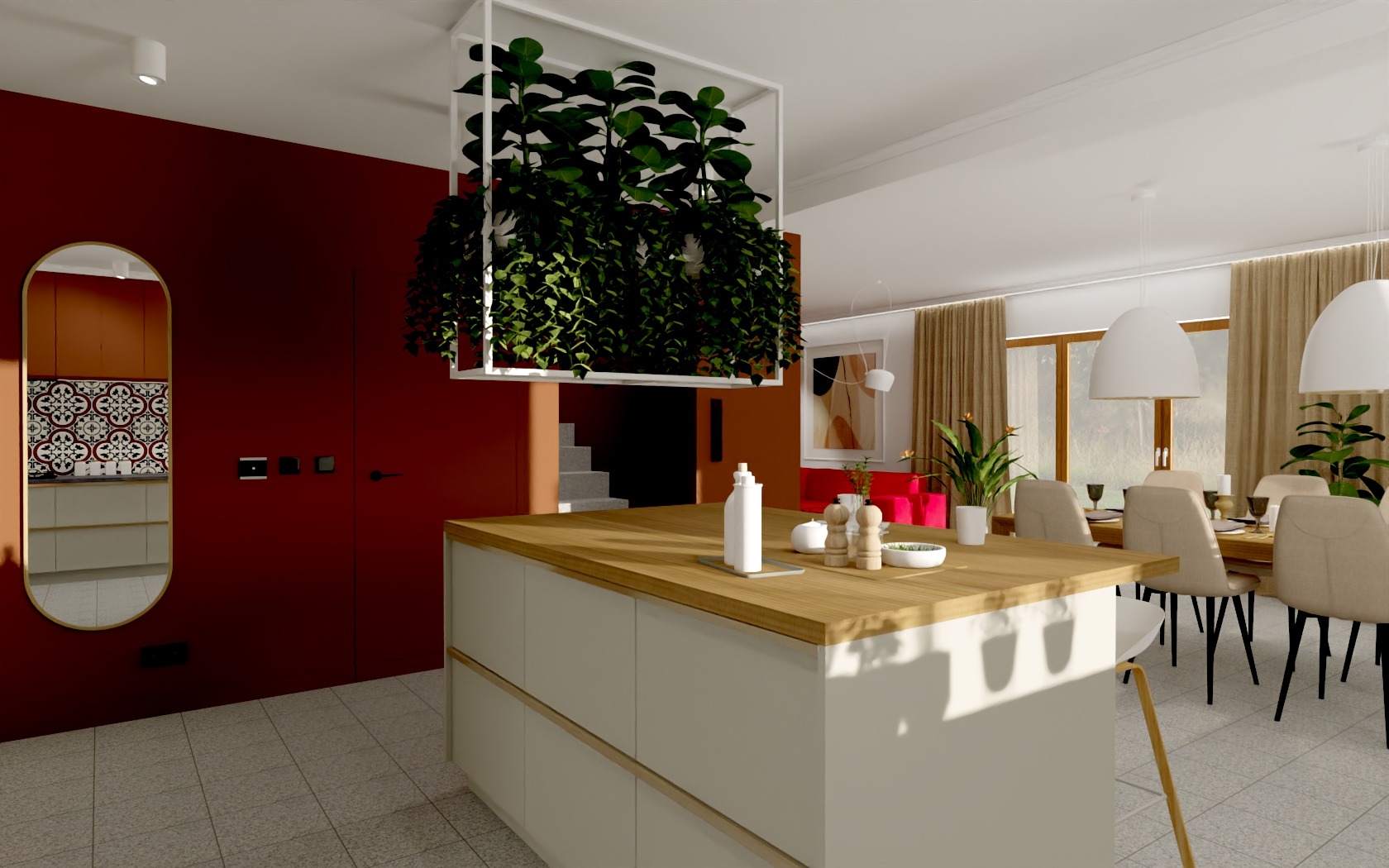 Wizualizacja nowoczesnej kuchni z wyspą, nad którą zawieszona jest roślina w białej ramie. W tle widoczny stół jadalny z krzesłami i czerwona sofa. Na ścianie po lewej stronie lustro w złotej ramie.