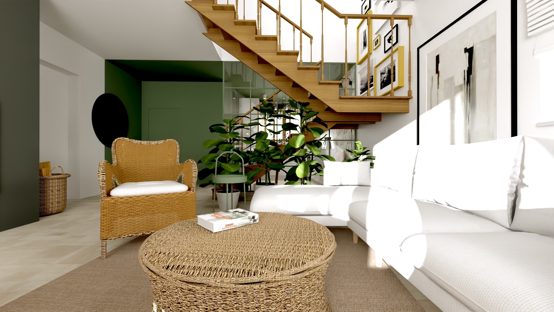 Wizualizacja jasnego salonu z drewnianymi schodami, białym narożnikiem, okrągłym stolikiem kawowym z plecionki i fotelem z wikliny. Na stoliku leży książka Edwarda Rutherforda. W tle widoczne...