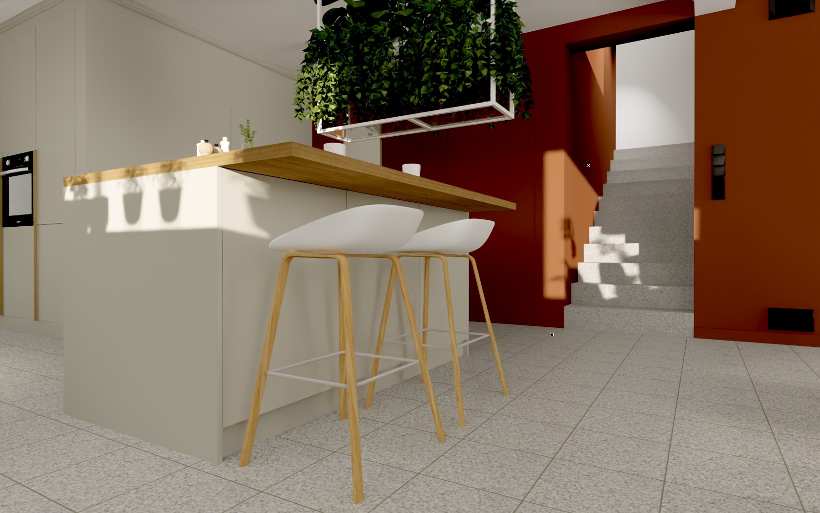 Wizualizacja nowoczesnej kuchni z wyspą, drewnianym blatem i dwoma białymi hokerami na tle pomarańczowej ściany i schodów. Nad wyspą wisząca roślina w białej ramie.