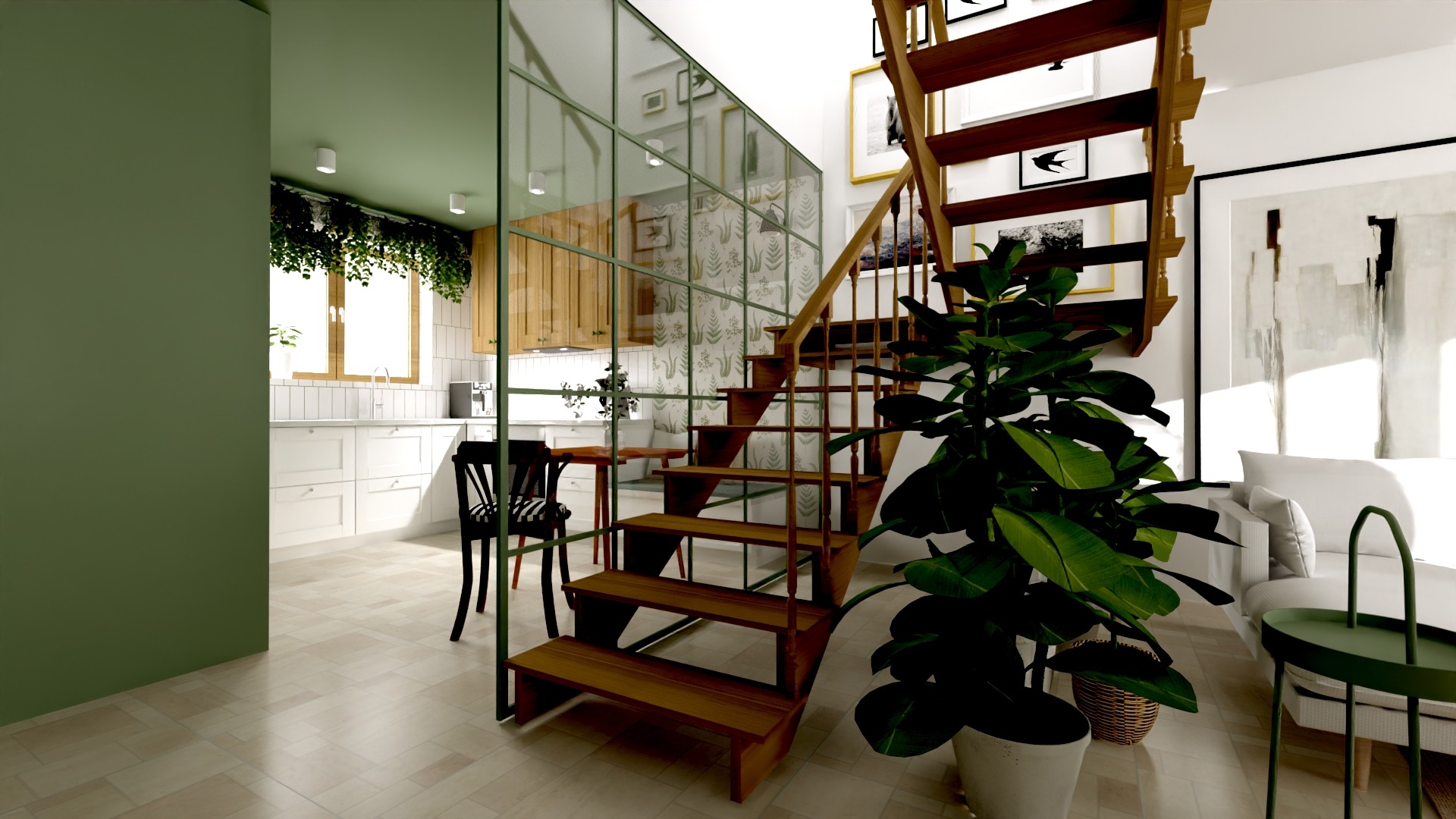 Wizualizacja wnętrza domu z drewnianymi schodami, szklaną ścianą działową, kuchnią w tle i rośliną doniczkową na pierwszym planie. Widoczne obrazy na ścianie w ramkach i minimalistyczny salon...