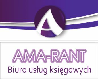 Logo firmy o nazwie AMA-RANT, biuro usług księgowych, fioletowo-biała kolorystyka, stylizowana litera A w okręgu, nowoczesny font.