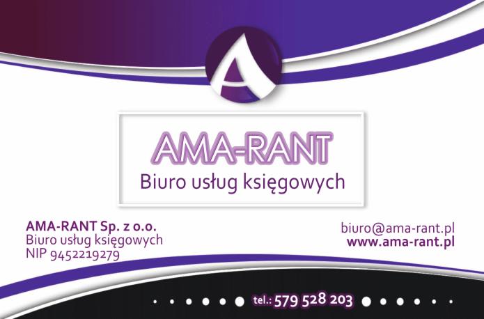 Wizytówka firmy AMA-RANT z Krakowa, świadczącej usługi księgowe, z logo i danymi kontaktowymi: adres e-mail, strona internetowa i numer telefonu.