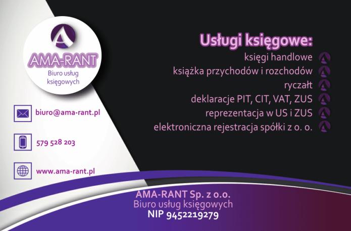 Wizytówka firmy AMA-RANT Sp. z o.o. oferującej usługi księgowe, z adresem e-mail, numerem telefonu i adresem strony internetowej, wymieniająca zakres usług: księgi handlowe, książka przychodów...