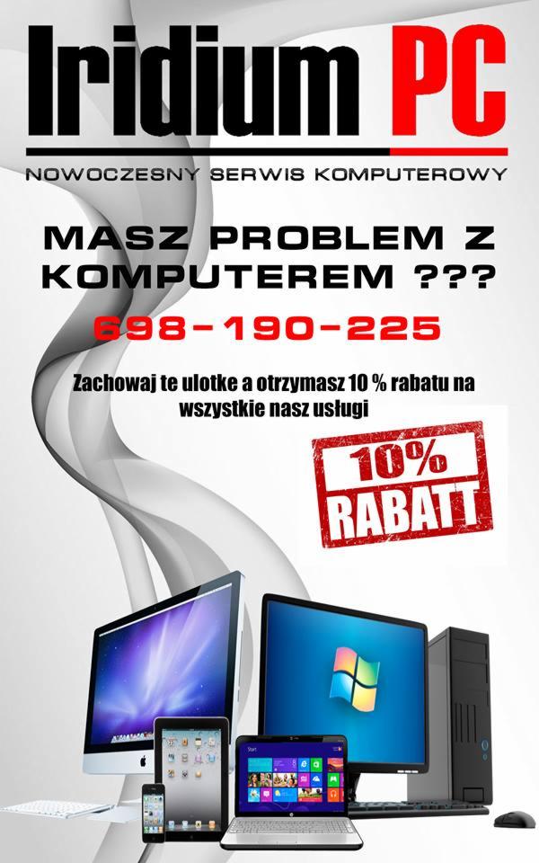 Ulotka reklamowa serwisu komputerowego Iridium PC oferująca 10% rabatu. Na dole ulotki widoczne różne urządzenia: iMac, tablet, laptop, smartfon oraz komputer stacjonarny.