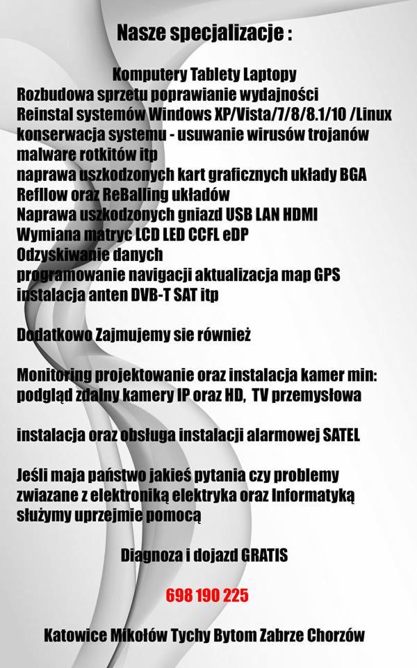 Tekst z listą specjalizacji firmy IT: naprawa komputerów, instalacja systemów, odzyskiwanie danych, instalacja anten, monitoring, instalacja alarmów, diagnoza i dojazd gratis, numer telefonu...