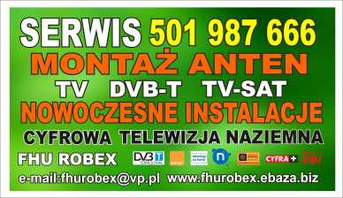Reklama firmy oferującej serwis i nowoczesne instalacje anten TV, DVB-T i TV-SAT, z podanym numerem telefonu i adresem e-mail.