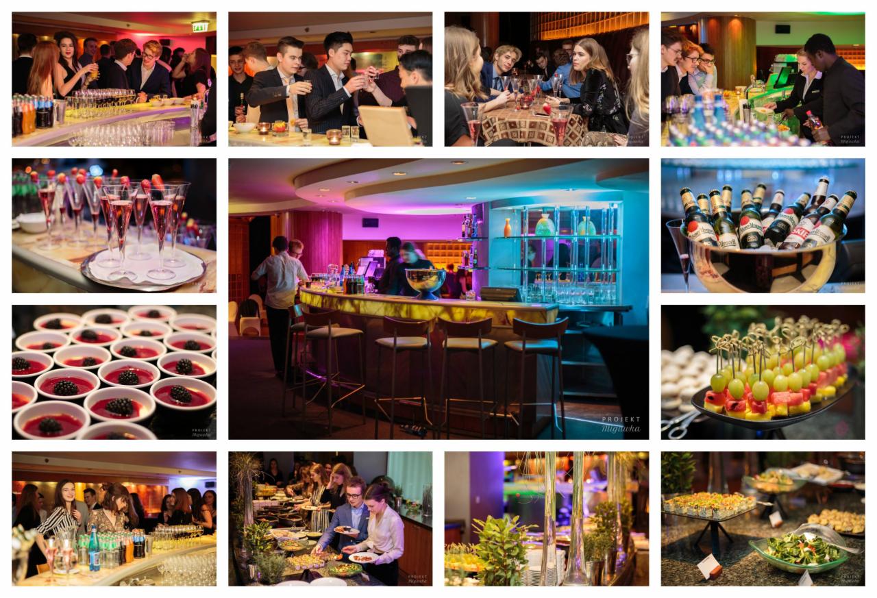 Kolaż zdjęć z imprezy: bar z podświetleniem LED, goście przy barze i stole, desery w pucharkach z jeżyną, szampan w kieliszkach, przekąski na szpadkach, bufet z jedzeniem.