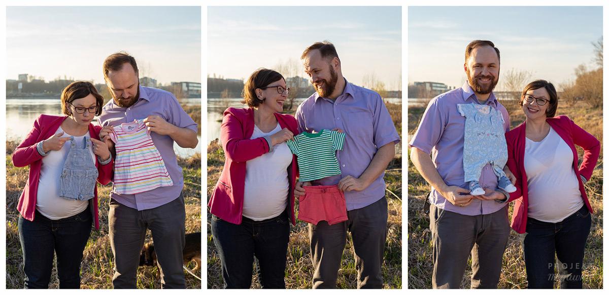 Kolaż z sesji ciążowej: przyszli rodzice prezentują ubranka dla dziecka na tle rzeki i zabudowań miejskich w słoneczny dzień.