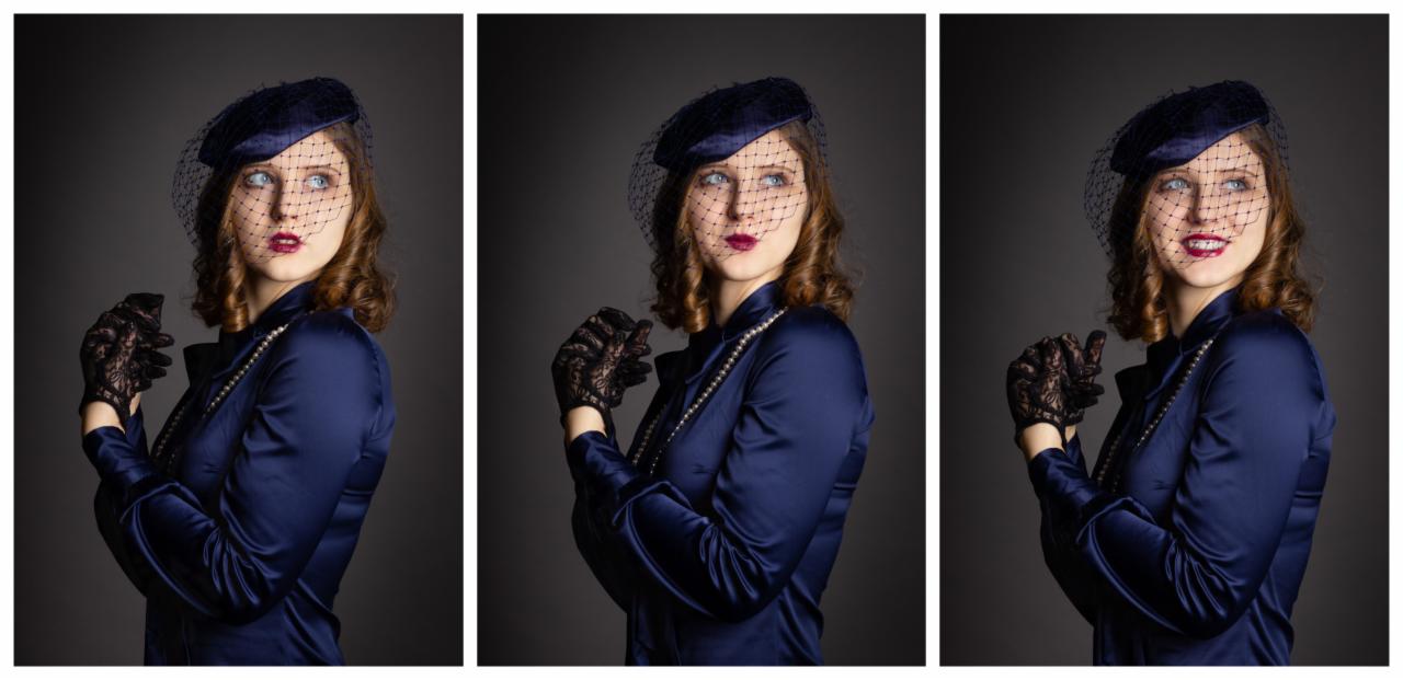 Portret kobiety w stylu retro, w granatowej sukience, kapeluszu z woalką i koronkowych rękawiczkach, na ciemnoszarym tle, w trzech ujęciach różniących się mimiką.
