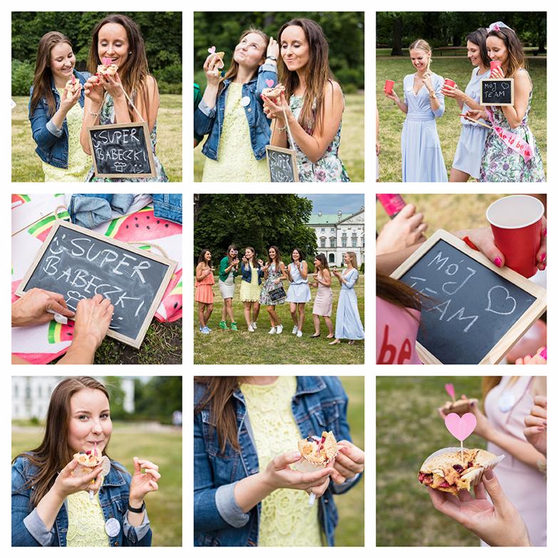 Kolaż zdjęć z wieczoru panieńskiego w plenerze: kobiety w letnich sukienkach, tabliczki z napisami 'Super Babeczki' i 'Mój Team', babeczki i napoje, uśmiechy i zabawa na tle zieleni i architektury.