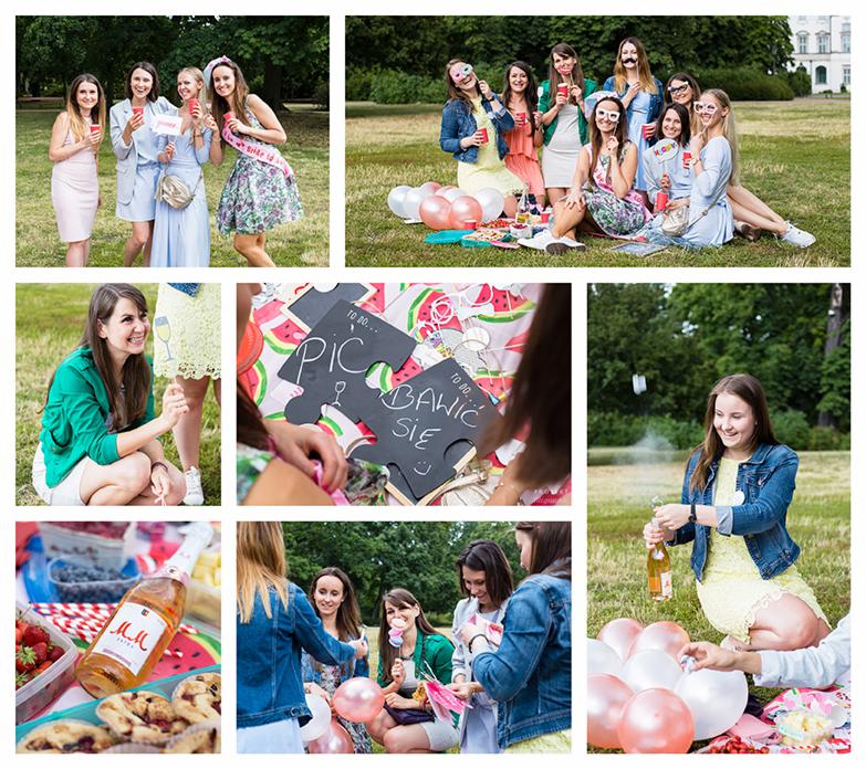 Kolaż z przyjęcia panieńskiego w plenerze w Warszawie: grupa kobiet pozuje, otwieranie szampana, detale dekoracji i przekąsek na pikniku.