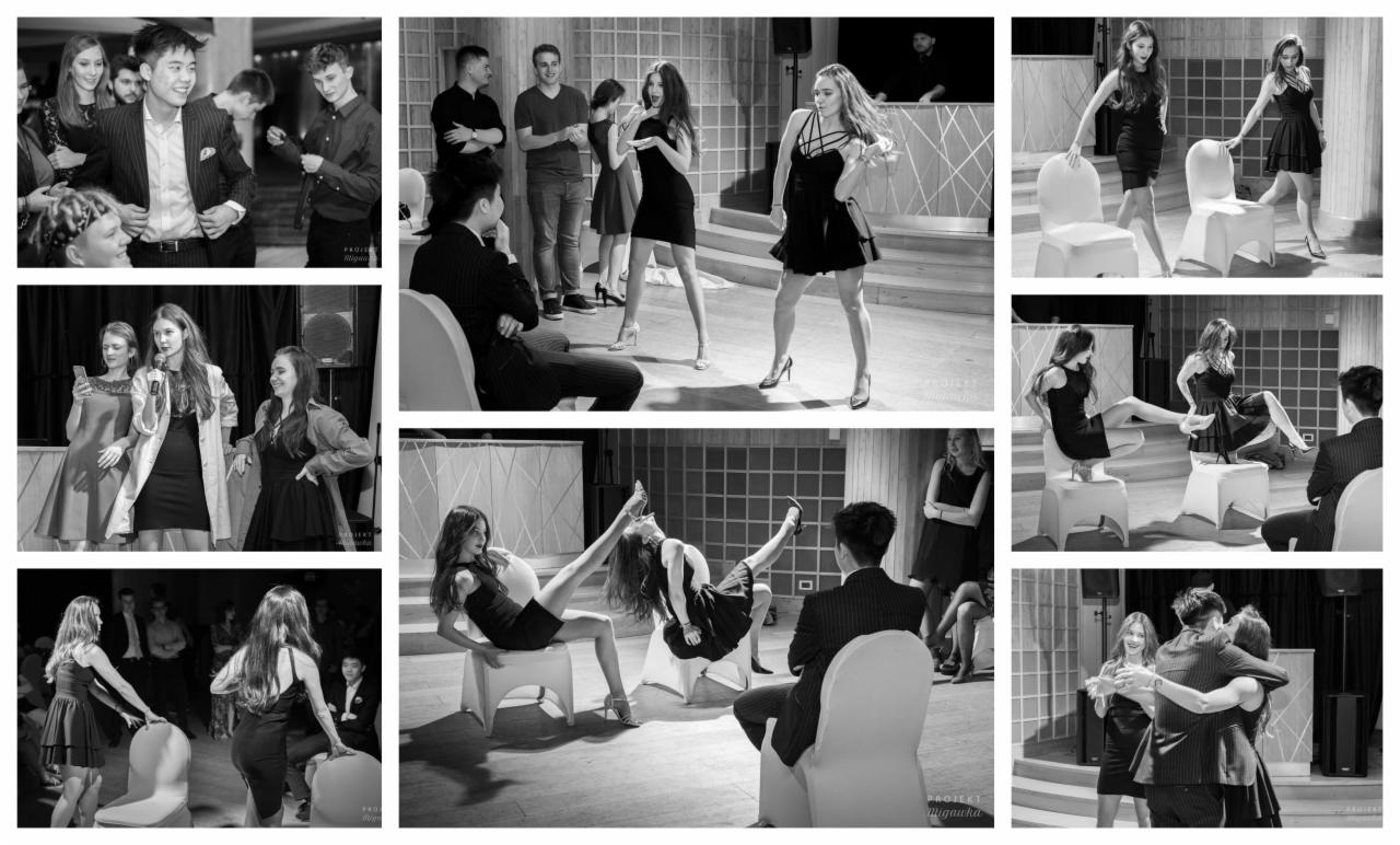 Czarno-biały kolaż zdjęć z imprezy: ludzie w eleganckich strojach, tańczący, siedzący na krzesłach, rozmowy w grupie, ujęcia z różnych perspektyw.