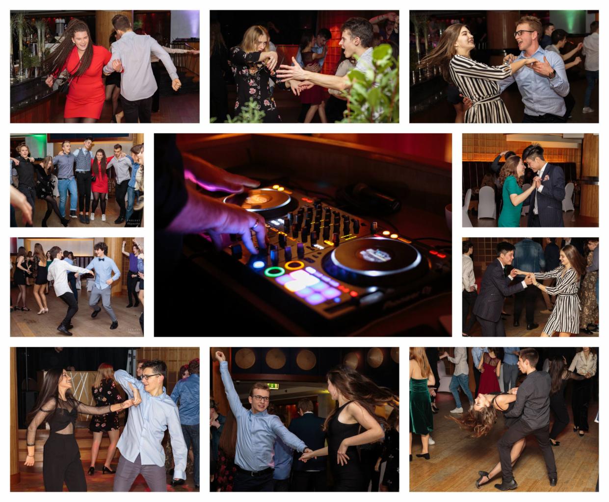 Kolaż zdjęć z imprezy tanecznej: pary tańczące w różnych stylach, zbliżenie na ręce DJ-a obsługującego konsoletę z podświetleniem.