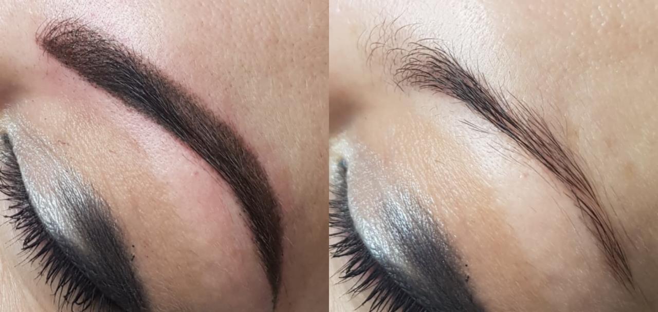 Porównanie brwi przed i po zabiegu makijażu permanentnego; po lewej brwi z wyraźnym wypełnieniem kolorem, po prawej brwi naturalne, z widocznymi pojedynczymi włoskami.