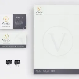 Wizualizacja identyfikacji firmy windykacyjnej: papier firmowy, dwie wizyt&oacute;wki i dwa spinacze biurowe na białym tle.