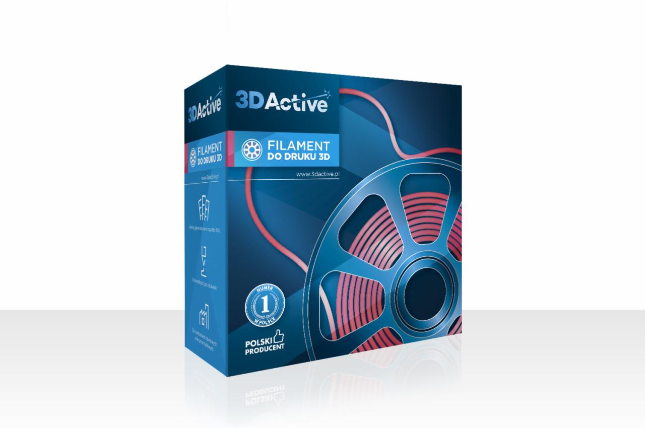 Pudełko filamentu 3D Active do drukarki 3D, oznaczony jako produkt polski numer jeden, z grafiką szpuli z czerwonym filamentem na granatowym tle.