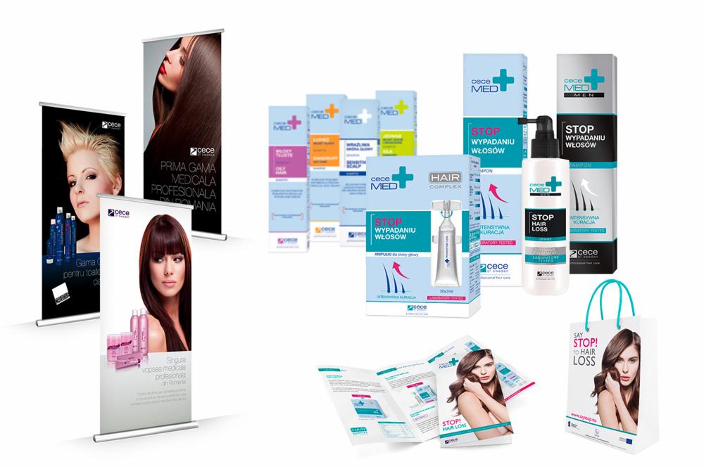 Zestaw produktów do pielęgnacji włosów marki Cece Med, obejmujący opakowania kosmetyków, ulotki reklamowe oraz roll-upy z wizerunkiem modelek, ustawione na białym tle.
