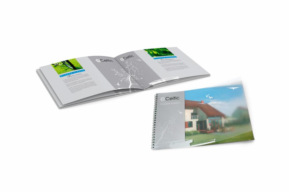 Dwa katalogi firmowe z logo Celtic na białym tle: otwarty katalog z widocznymi zdjęciami roślinności i zamknięty katalog z ilustracją domu.